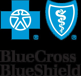 Blue Cross Blue Shield logo featuring a blue cross with a figure icon and a blue shield with a medical snake symbol