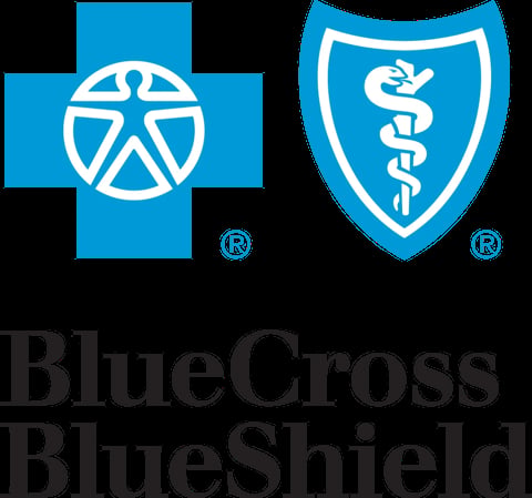 Blue Cross Blue Shield logo featuring a blue cross with a figure icon and a blue shield with a medical snake symbol