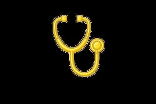 Gold stethoscope icon on black background, medical healthcare symbol
