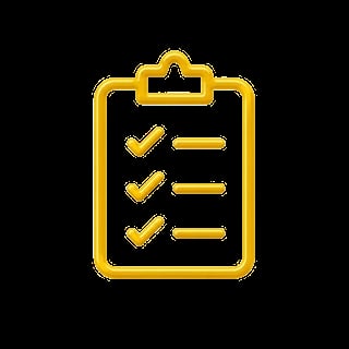 Gold clipboard icon with three checked checkboxes and dashes on a black background